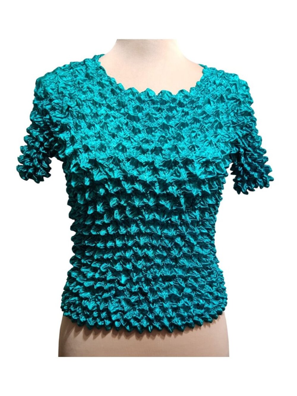 Vintage FC One Size Green Popcorn Shirt Blouse Crinkle Stretch Textured Top Y2K